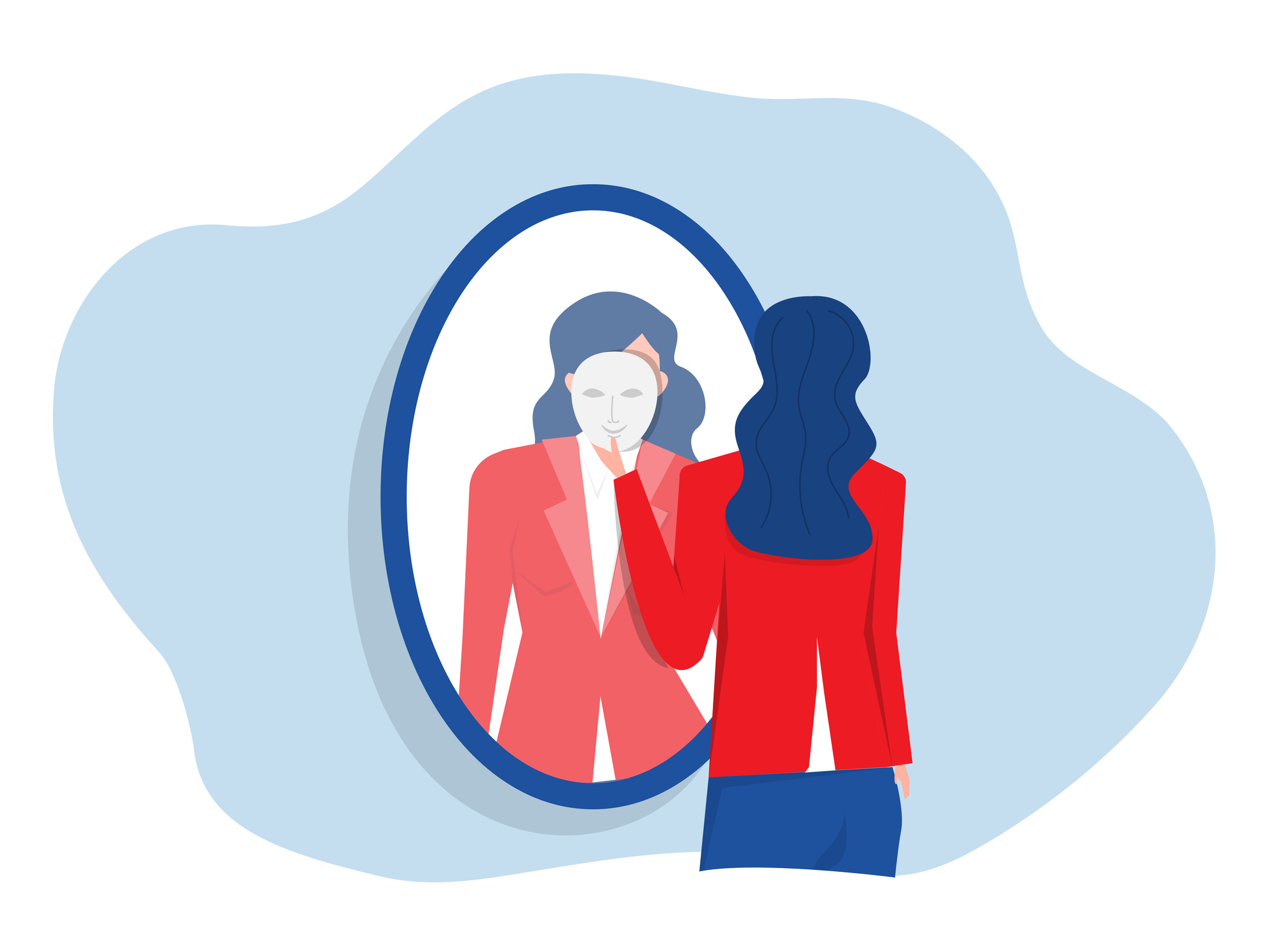 An illustration depicting a woman looking into a mirror, with her reflection showing her wearing a mask, symbolizing Impostor Syndrome.