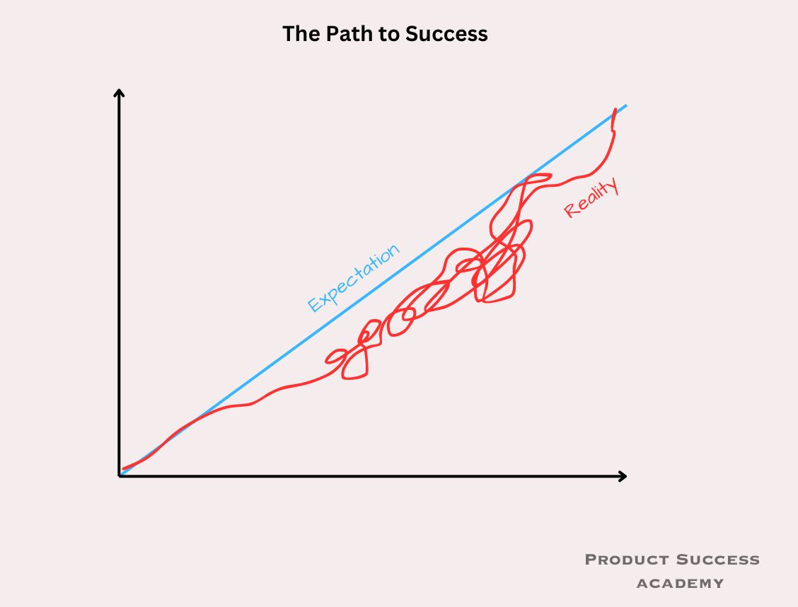 Graph with two lines: one straight and upward, the other squiggly and erratic, representing contrasting perceptions of the path to success.