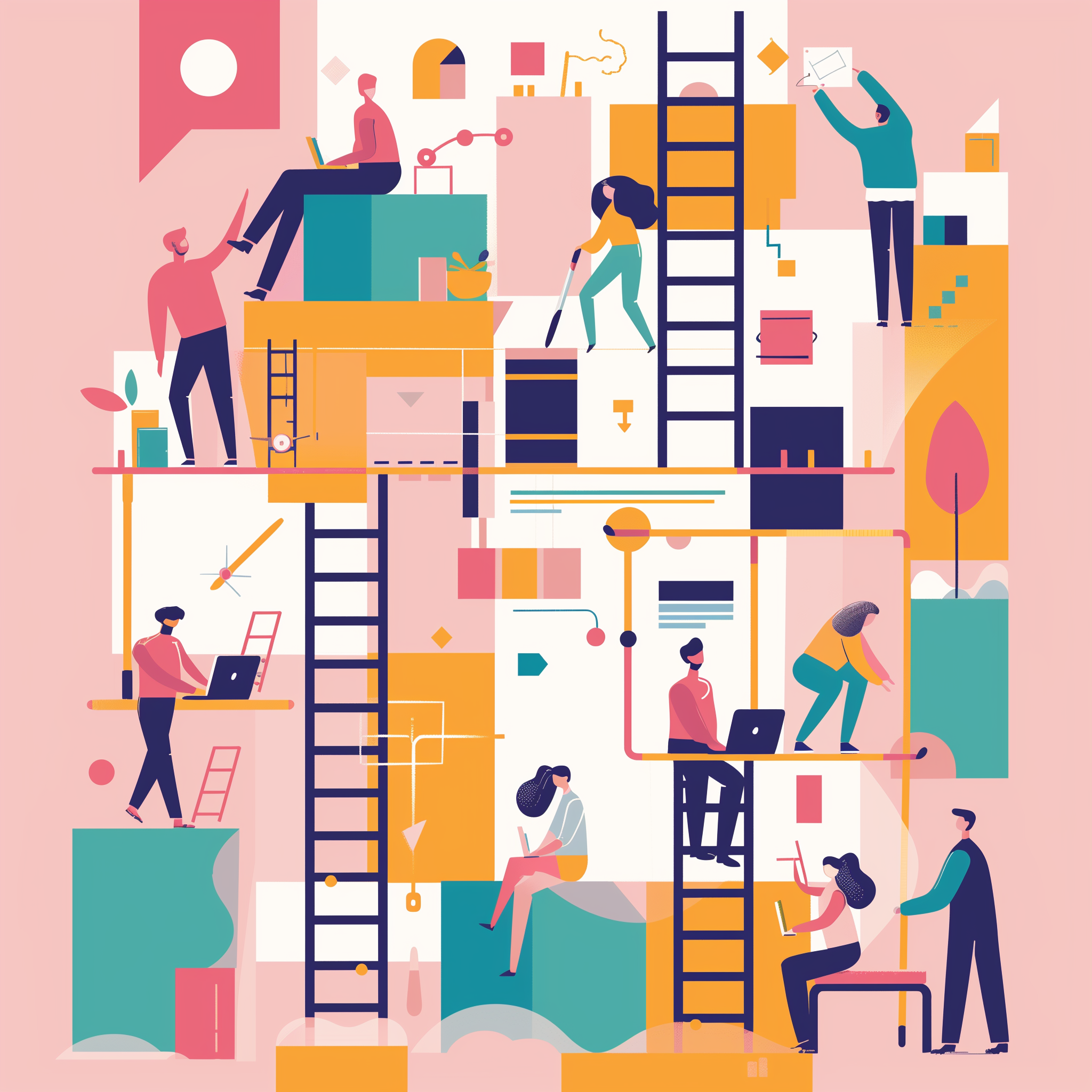 An abstract illustration depicting people working on laptops amidst ladders, symbolizing dedication and hard work towards achieving success in Product Management.