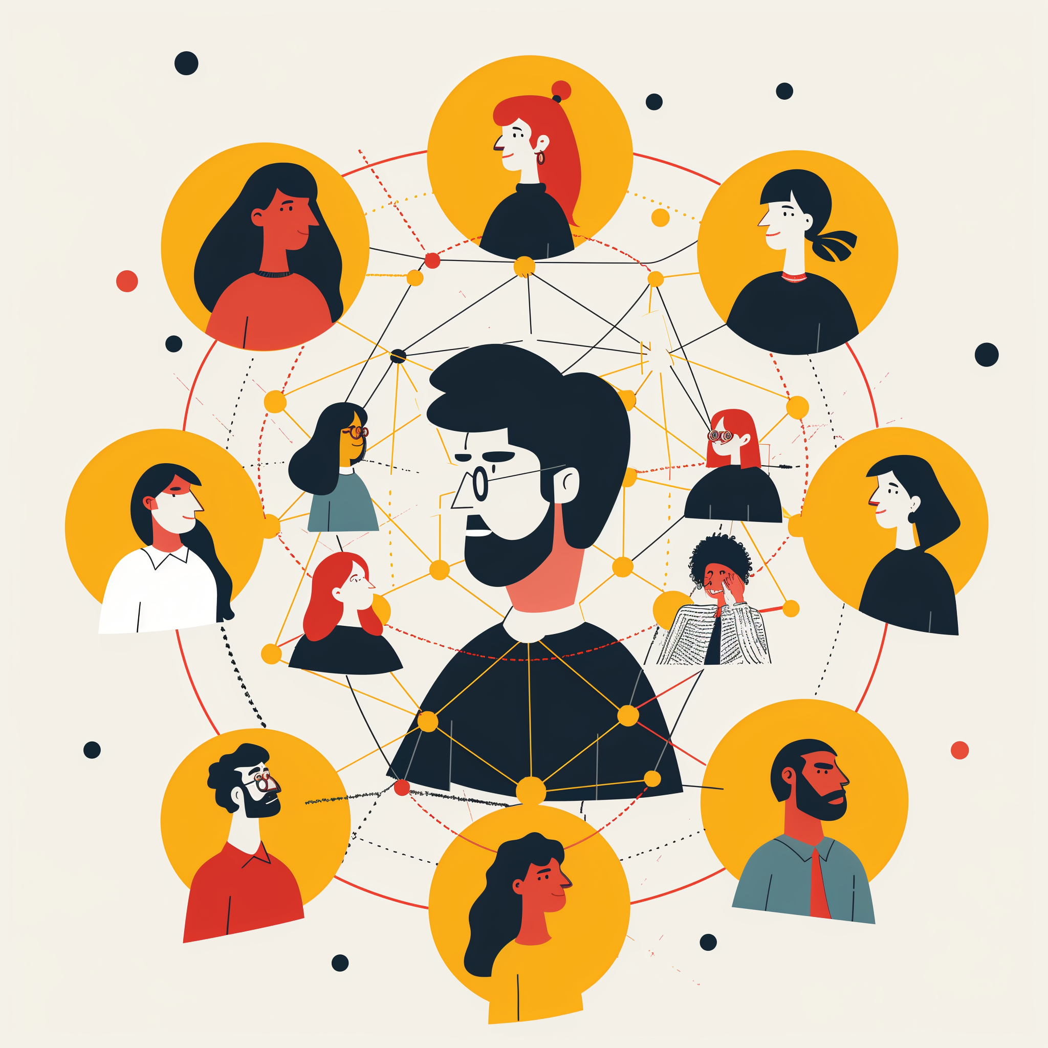 An illustration featuring a person at the center surrounded by many different people representing various business stakeholders, symbolizing the challenge of managing relationships.