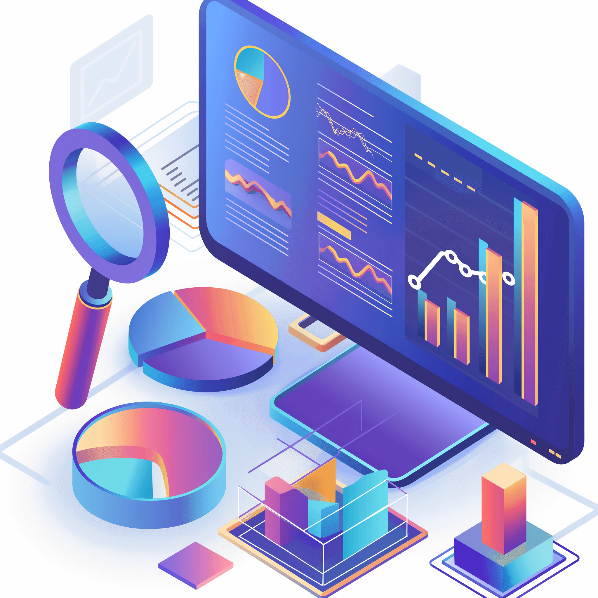 An illustration of a computer screen displaying a multitude of data metrics, charts, and graphs, representing comprehensive analytics ready for analysis.